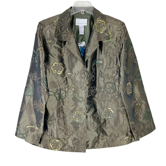 Susan Graver Sequin Taffeta Jacket Sage Green Floral Embroidery Holiday - Picture 1 of 11